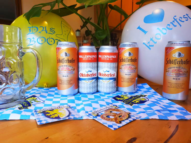 German beers on kitchen table with party supplies