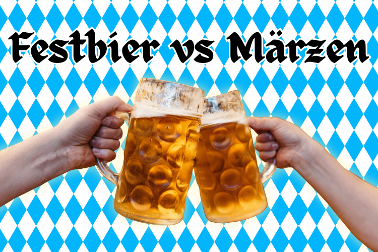 festbier and marzen over a bavarian flag